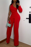 Red Casual Daily Simplicity Solid Color One Shoulder Long Sleeve Two Pieces