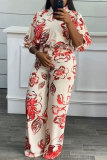 Red Daily Elegant Print Floral Printing Smocking Turndown Collar Three Quarter Two Pieces