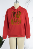 Red Casual Print Draw String Hooded Collar Tops