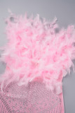 Pink Sexy Party Elegant Formal Patchwork See-through Feathers Hot Drill Strapless Evening Dress Dresses