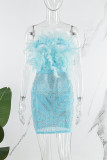 Baby Blue Sexy Party Elegant Formal Patchwork See-through Feathers Hot Drill Strapless Evening Dress Dresses