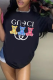 Black Street Print Patchwork O Neck T-Shirts