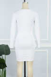 White Sexy Solid Patchwork Draw String U Neck Wrapped Skirt Dresses