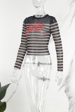 Black Street Print Patchwork See-through O Neck Tops