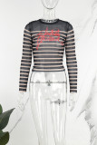 Black Street Print Patchwork See-through O Neck Tops
