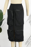 Black Street Solid Patchwork Pocket High Opening Zipper Straight High Waist Straight Solid Color Bottoms