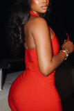 Red Casual Daily Simplicity Solid Color One Shoulder Long Sleeve Two Pieces