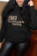 Black Street Vintage Print Draw String Letter Hooded Collar Tops