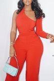 Red Casual Daily Simplicity Solid Color One Shoulder Long Sleeve Two Pieces