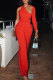 Red Casual Daily Simplicity Solid Color One Shoulder Long Sleeve Two Pieces