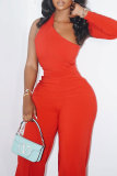 Red Casual Daily Simplicity Solid Color One Shoulder Long Sleeve Two Pieces