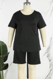 Black Casual Solid Patchwork O Neck Plus Size Two Pieces