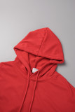 Red Casual Print Draw String Hooded Collar Tops