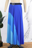 Blue Elegant Color Block Patchwork With Belt Pleated Boot Cut High Waist Type A Patchwork Bottoms