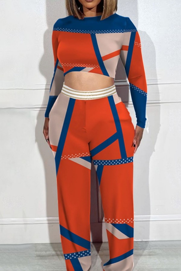 Orange Casual Print Basic O Neck Long Sleeve Two Pieces