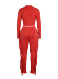 Red Casual Solid Tassel Patchwork O Neck Long Sleeve Two Pieces