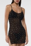 Black Sexy Patchwork Hot Drilling See-through Backless Spaghetti Strap Sleeveless Dress Dresses