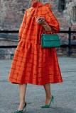 Orange Casual Plaid Patchwork Turtleneck Long Sleeve Dresses