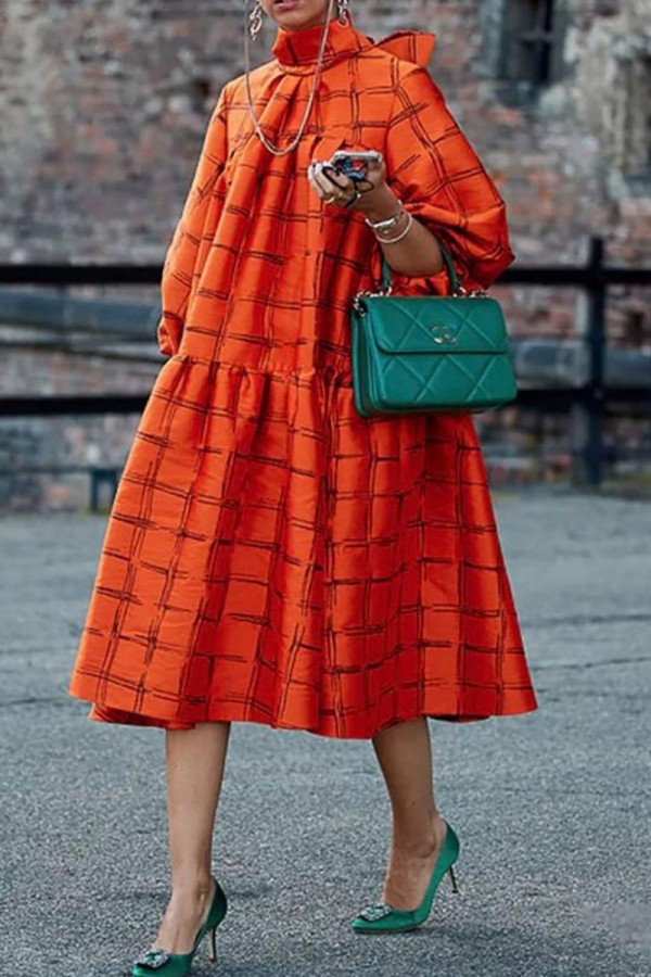 Orange Casual Plaid Patchwork Turtleneck Long Sleeve Dresses