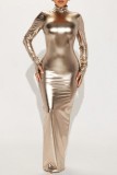 Gold Casual Solid Backless Turtleneck Long Dress Dresses