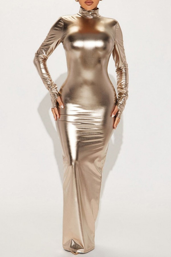Gold Casual Solid Backless Turtleneck Long Dress Dresses