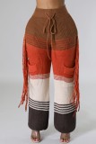 Brown Red Casual Patchwork Tassel Contrast Regular High Waist Conventional Patchwork Trousers
