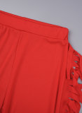 Red Casual Solid Tassel Patchwork O Neck Long Sleeve Two Pieces
