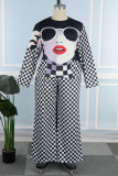 Black White Casual Print Basic O Neck Plus Size Two Pieces