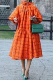 Orange Casual Plaid Patchwork Turtleneck Long Sleeve Dresses