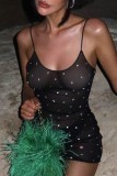 Black Sexy Patchwork Hot Drilling See-through Backless Spaghetti Strap Sleeveless Dress Dresses