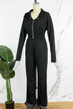 Black Casual Solid Basic Hooded Collar Long Sleeve Two Pieces