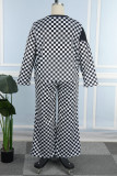 Black White Casual Print Basic O Neck Plus Size Two Pieces