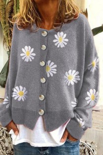 Grey Casual Embroidery Buttons O Neck Outerwear