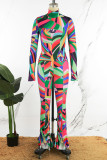 Colour Casual Not Positioning Printed Basic Turtleneck Long Sleeve Two Pieces