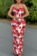 Red Casual Print Backless Spaghetti Strap Long Dress Dresses