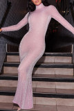 Pink Casual Solid Basic Turtleneck Long Dress Dresses