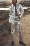 Silver Casual Solid Patchwork Turndown Collar Outerwear