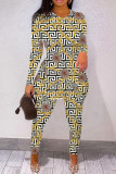 Orange Yellow Casual Print Slit O Neck Long Sleeve Two Pieces