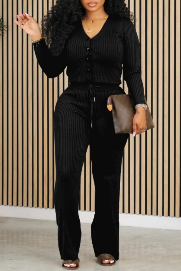 Black Casual Solid Basic V Neck Long Sleeve Two Pieces