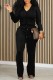 Black Casual Solid Basic V Neck Long Sleeve Two Pieces