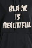 Black Casual Street Character Draw String Hooded Collar Tops