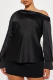 Blue Casual Solid Asymmetrical Oblique Collar Tops