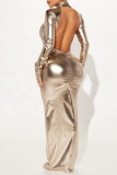 Gold Casual Solid Backless Turtleneck Long Dress Dresses