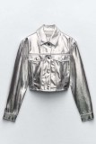 Silver Casual Solid Patchwork Turndown Collar Outerwear