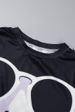 Black White Casual Print Basic O Neck Plus Size Two Pieces