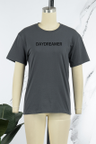Dark Gray Casual Daily Print Patchwork Letter O Neck T-Shirts