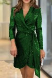 Blue Casual Patchwork Sequins Frenulum V Neck Long Sleeve Dresses