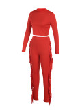 Red Casual Solid Tassel Patchwork O Neck Long Sleeve Two Pieces
