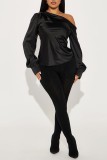 Blue Casual Solid Asymmetrical Oblique Collar Tops