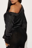 Blue Casual Solid Asymmetrical Oblique Collar Tops